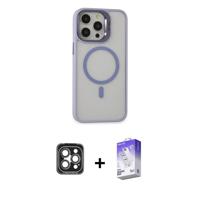 MARSİLYAN™- iPhone 15 Pro Max Kılıf Ahenk Klasik Özel Seri - Siyah Bilvis 5in1 3D Magic Cam Ekran Koruyucu + PVD Metal Kamera Lens - GI
