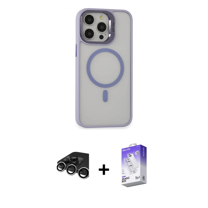 MARSİLYAN™- iPhone 15 Pro Max Kılıf Ahenk Klasik Özel Seri - Siyah Bilvis 5in1 3D Magic Cam Ekran Koruyucu + Raze Metal Kamera Lens - GS