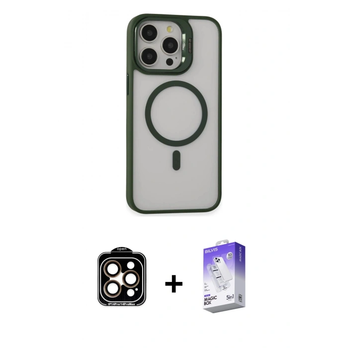 MARSİLYAN™- iPhone 15 Pro Max Kılıf Ahenk Klasik Özel Seri - Siyah Bilvis 5in1 3D Magic Cam Ekran Koruyucu + PVD Metal Kamera Lens - TU