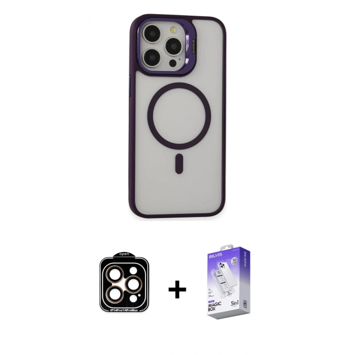 MARSİLYAN™- iPhone 15 Pro Max Kılıf Ahenk Klasik Özel Seri - Siyah Bilvis 5in1 3D Magic Cam Ekran Koruyucu + Turuncu PVD Metal Kamera Lens
