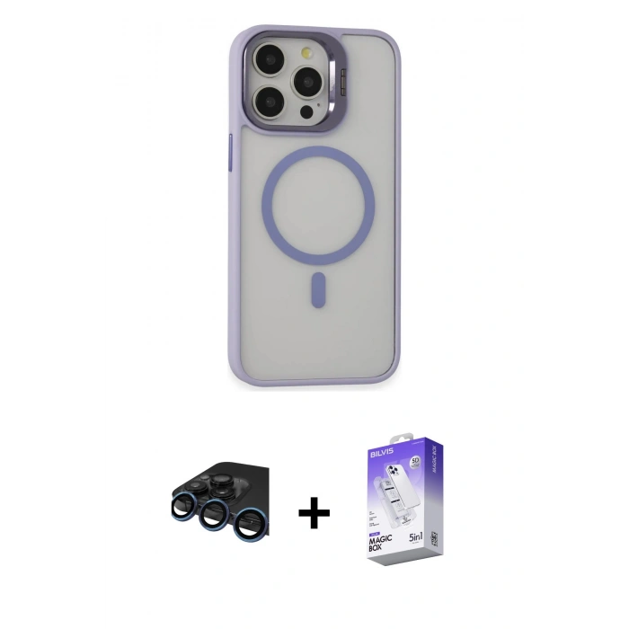 MARSİLYAN™- iPhone 15 Pro Max Kılıf Ahenk Klasik Özel Seri - Siyah Bilvis 5in1 3D Magic Cam Ekran Koruyucu + Lacivert Raze Metal Kamera Lens