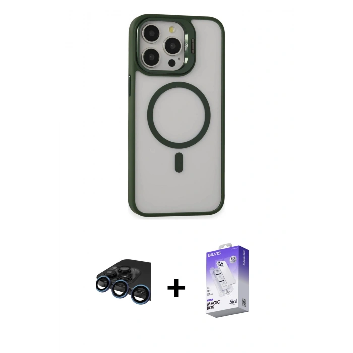 MARSİLYAN™- iPhone 15 Pro Max Kılıf Ahenk Klasik Özel Seri - Siyah Bilvis 5in1 3D Magic Cam Ekran Koruyucu + Raze Metal Kamera Lens - LT