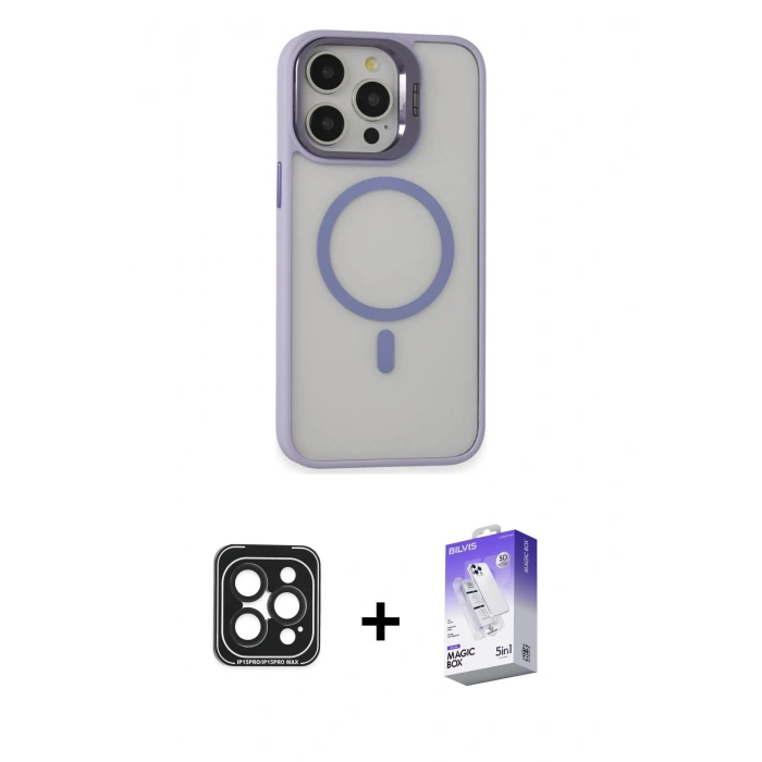 MARSİLYAN™- iPhone 15 Pro Max Kılıf Ahenk Klasik Özel Seri - Siyah Bilvis 5in1 3D Magic Cam Ekran Koruyucu + PVD Metal Kamera Lens - SH