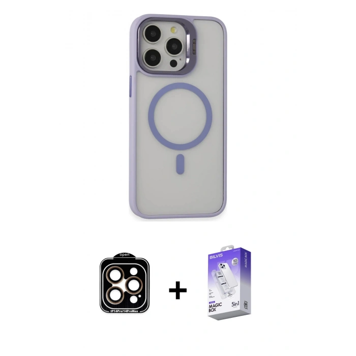 MARSİLYAN™- iPhone 15 Pro Max Kılıf Ahenk Klasik Özel Seri - Siyah Bilvis 5in1 3D Magic Cam Ekran Koruyucu + Turuncu PVD Metal Kamera Lens