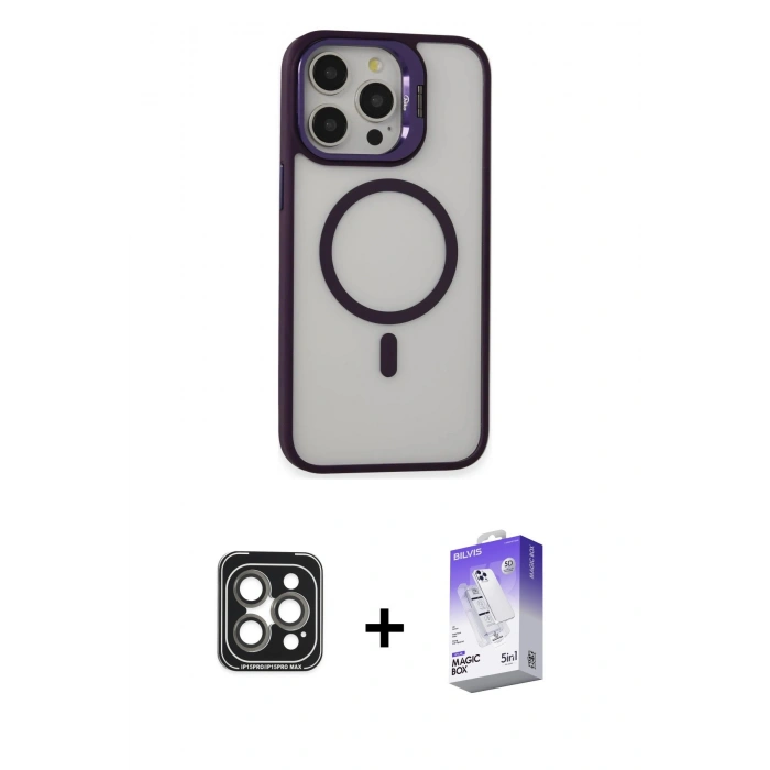 MARSİLYAN™- iPhone 15 Pro Max Kılıf Ahenk Klasik Özel Seri - Siyah Bilvis 5in1 3D Magic Cam Ekran Koruyucu + PVD Metal Kamera Lens - GI
