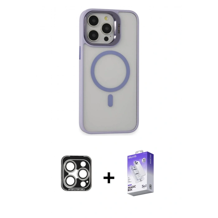 MARSİLYAN™- iPhone 15 Pro Max Kılıf Ahenk Klasik Özel Seri - Siyah Bilvis 5in1 3D Magic Cam Ekran Koruyucu + PVD Metal Kamera Lens - GS