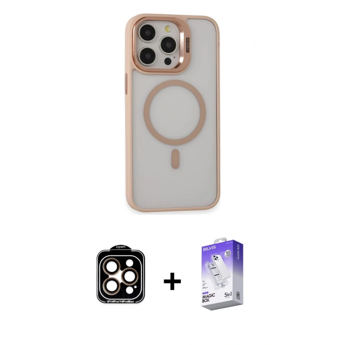 MARSİLYAN™- iPhone 15 Pro Max Kılıf Ahenk Klasik Özel Seri - Siyah Bilvis 5in1 3D Magic Cam Ekran Koruyucu + PVD Metal Kamera Lens - TU
