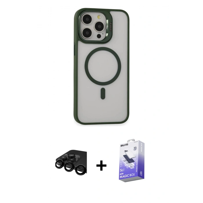 MARSİLYAN™- iPhone 15 Pro Max Kılıf Ahenk Klasik Özel Seri - Siyah Bilvis 5in1 5D Magic Hayalet Cam Ekran Koruyucu + Raze Metal Kamera Lens - SH