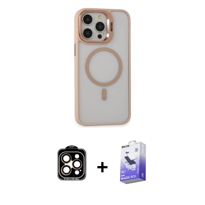 MARSİLYAN™- iPhone 15 Pro Max Kılıf Ahenk Klasik Özel Seri - Siyah Bilvis 5in1 5D Magic Hayalet Cam Ekran Koruyucu + PVD Metal Kamera Lens - TU