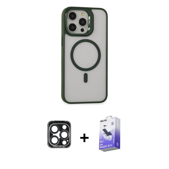 MARSİLYAN™- iPhone 15 Pro Max Kılıf Ahenk Klasik Özel Seri - Siyah Bilvis 5in1 5D Magic Hayalet Cam Ekran Koruyucu + PVD Metal Kamera Lens - LT