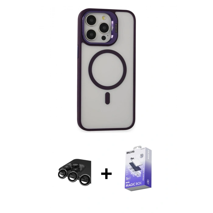 MARSİLYAN™- iPhone 15 Pro Max Kılıf Ahenk Klasik Özel Seri - Siyah Bilvis 5in1 5D Magic Hayalet Cam Ekran Koruyucu + Raze Metal Kamera Lens - TMGI