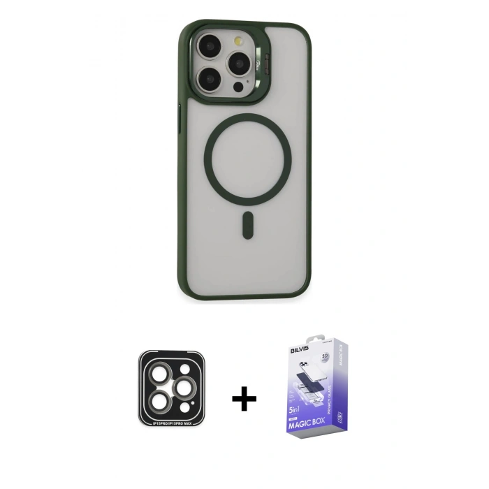 MARSİLYAN™- iPhone 15 Pro Max Kılıf Ahenk Klasik Özel Seri - Siyah Bilvis 5in1 5D Magic Hayalet Cam Ekran Koruyucu + PVD Metal Kamera Lens - GI