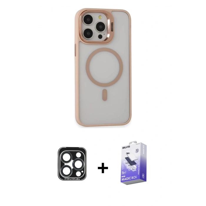 MARSİLYAN™- iPhone 15 Pro Max Kılıf Ahenk Klasik Özel Seri - Siyah Bilvis 5in1 5D Magic Hayalet Cam Ekran Koruyucu + PVD Metal Kamera Lens - LT