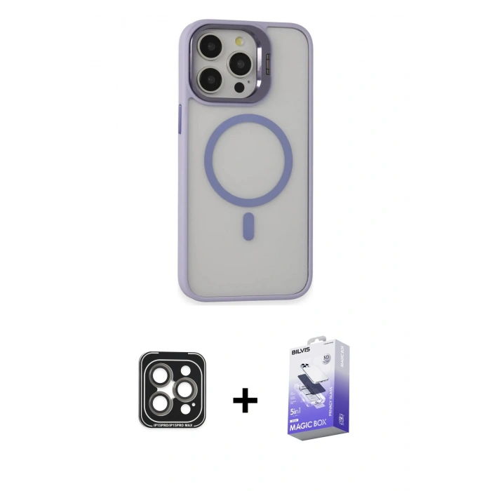 MARSİLYAN™- iPhone 15 Pro Max Kılıf Ahenk Klasik Özel Seri - Siyah Bilvis 5in1 5D Magic Hayalet Cam Ekran Koruyucu + PVD Metal Kamera Lens - GI