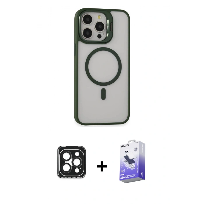 MARSİLYAN™- iPhone 15 Pro Max Kılıf Ahenk Klasik Özel Seri - Siyah Bilvis 5in1 5D Magic Hayalet Cam Ekran Koruyucu + PVD Metal Kamera Lens - SH