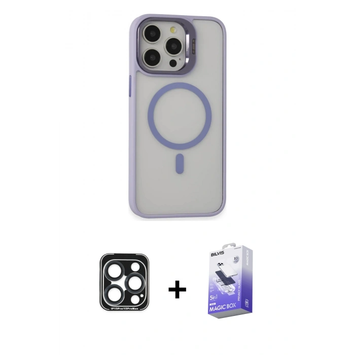 MARSİLYAN™- iPhone 15 Pro Max Kılıf Ahenk Klasik Özel Seri - Siyah Bilvis 5in1 5D Magic Hayalet Cam Ekran Koruyucu + PVD Metal Kamera Lens - LT