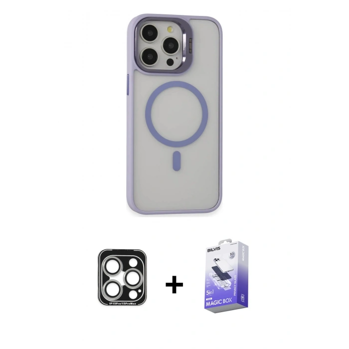 MARSİLYAN™- iPhone 15 Pro Max Kılıf Ahenk Klasik Özel Seri - Siyah Bilvis 5in1 5D Magic Hayalet Cam Ekran Koruyucu + PVD Metal Kamera Lens - GS