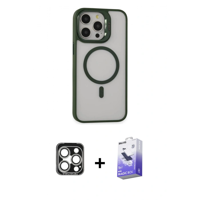 MARSİLYAN™- iPhone 15 Pro Max Kılıf Ahenk Klasik Özel Seri - Siyah Bilvis 5in1 5D Magic Hayalet Cam Ekran Koruyucu + PVD Metal Kamera Lens - GS