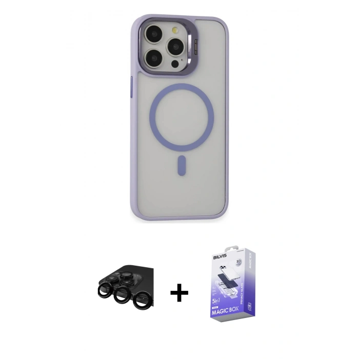 MARSİLYAN™- iPhone 15 Pro Max Kılıf Ahenk Klasik Özel Seri - Siyah Bilvis 5in1 5D Magic Hayalet Cam Ekran Koruyucu + Raze Metal Kamera Lens - SH