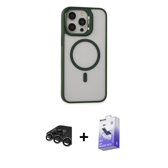 MARSİLYAN™- iPhone 15 Pro Max Kılıf Ahenk Klasik Özel Seri - Siyah Bilvis 5in1 5D Magic Hayalet Cam Ekran Koruyucu + Raze Metal Kamera Lens - TMGI
