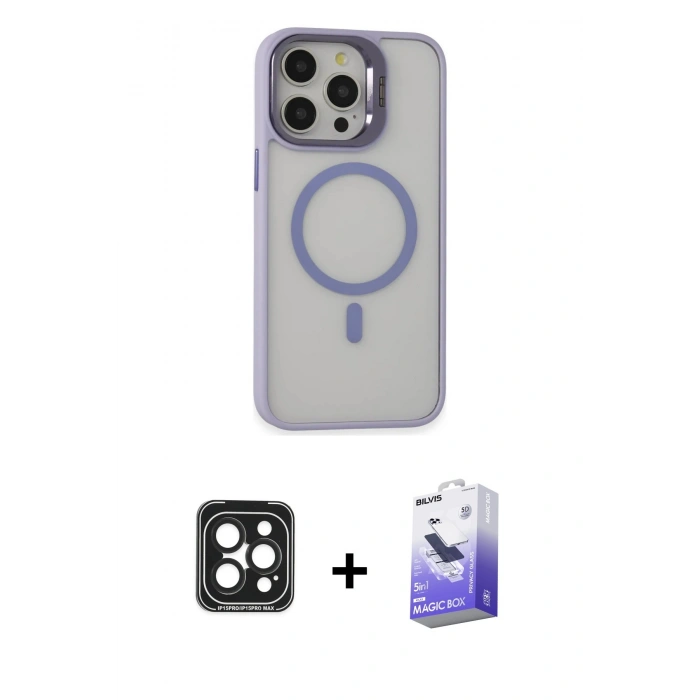 MARSİLYAN™- iPhone 15 Pro Max Kılıf Ahenk Klasik Özel Seri - Siyah Bilvis 5in1 5D Magic Hayalet Cam Ekran Koruyucu + PVD Metal Kamera Lens - SH