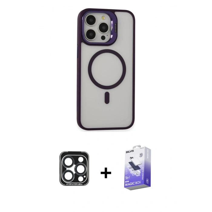 MARSİLYAN™- iPhone 15 Pro Max Kılıf Ahenk Klasik Özel Seri - Siyah Bilvis 5in1 5D Magic Hayalet Cam Ekran Koruyucu + PVD Metal Kamera Lens - LT
