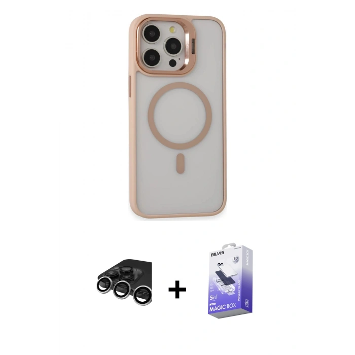 MARSİLYAN™- iPhone 15 Pro Max Kılıf Ahenk Klasik Özel Seri - Siyah Bilvis 5in1 5D Magic Hayalet Cam Ekran Koruyucu + Raze Metal Kamera Lens - GS