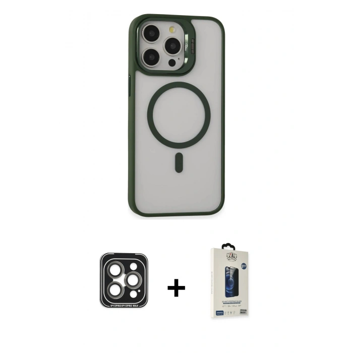 MARSİLYAN™- iPhone 15 Pro Max Kılıf Ahenk Klasik Özel Seri - Siyah Bilvis Hayalet Cam Ekran Koruyucu + PVD Metal Kamera Lens - GI