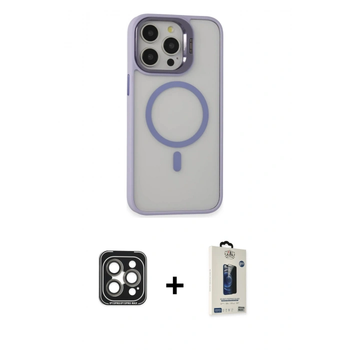 MARSİLYAN™- iPhone 15 Pro Max Kılıf Ahenk Klasik Özel Seri - Siyah Bilvis Hayalet Cam Ekran Koruyucu + PVD Metal Kamera Lens - GI
