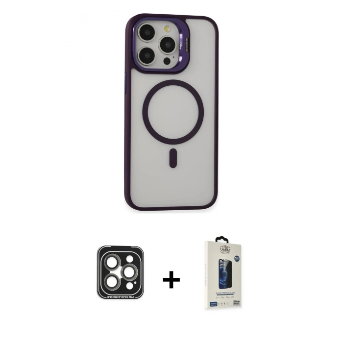 MARSİLYAN™- iPhone 15 Pro Max Kılıf Ahenk Klasik Özel Seri - Siyah Bilvis Hayalet Cam Ekran Koruyucu + PVD Metal Kamera Lens - GI