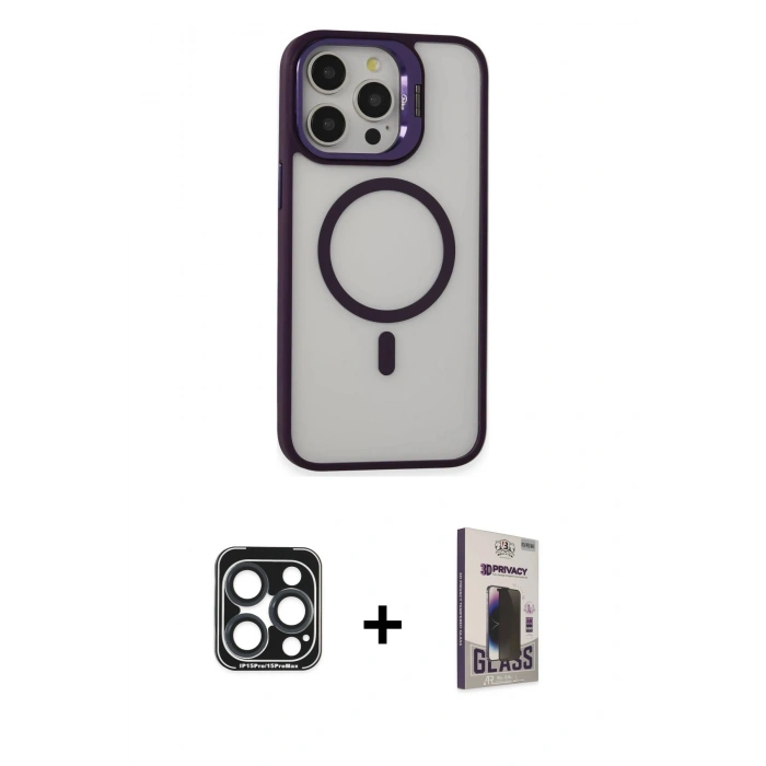 MARSİLYAN™- iPhone 15 Pro Max Kılıf Ahenk Klasik Özel Seri - Siyah Bilvis Hayalet Cam Ekran Koruyucu + PVD Metal Kamera Lens - LT