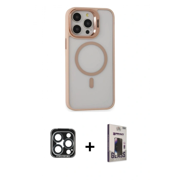 MARSİLYAN™- iPhone 15 Pro Max Kılıf Ahenk Klasik Özel Seri - Siyah Bilvis Hayalet Cam Ekran Koruyucu + PVD Metal Kamera Lens - LT