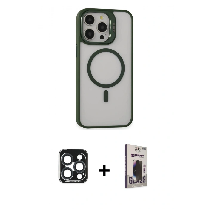 MARSİLYAN™- iPhone 15 Pro Max Kılıf Ahenk Klasik Özel Seri - Siyah Bilvis Hayalet Cam Ekran Koruyucu + PVD Metal Kamera Lens - LT