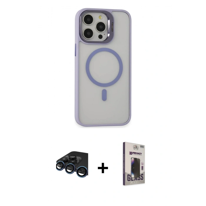 MARSİLYAN™- iPhone 15 Pro Max Kılıf Ahenk Klasik Özel Seri - Siyah Bilvis Hayalet Cam Ekran Koruyucu + Lacivert Raze Metal Kamera Lens