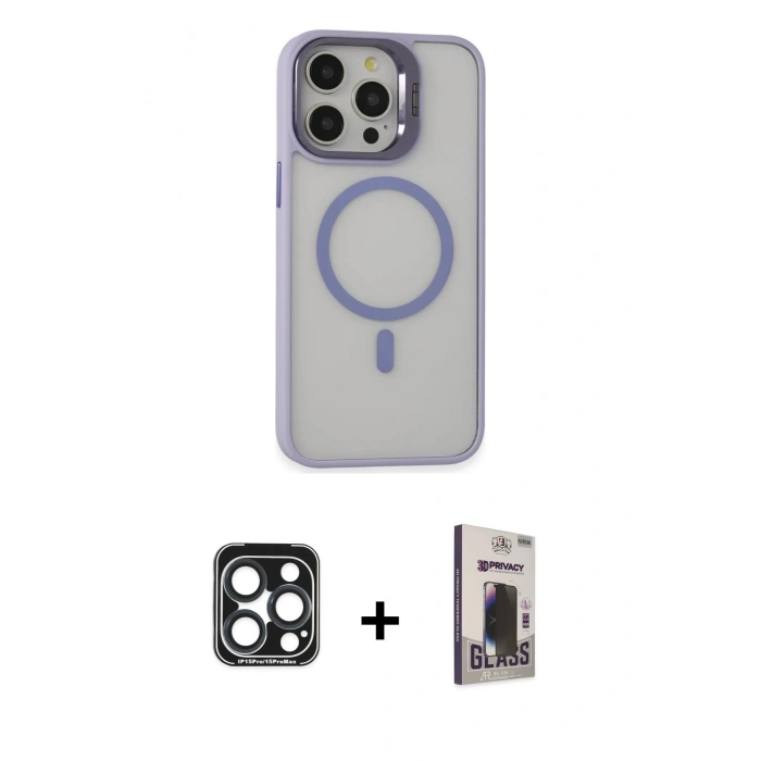 MARSİLYAN™- iPhone 15 Pro Max Kılıf Ahenk Klasik Özel Seri - Siyah Bilvis Hayalet Cam Ekran Koruyucu + PVD Metal Kamera Lens - LT