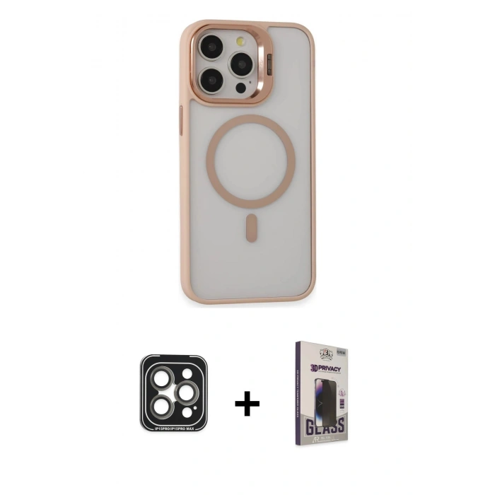 MARSİLYAN™- iPhone 15 Pro Max Kılıf Ahenk Klasik Özel Seri - Siyah Bilvis Hayalet Cam Ekran Koruyucu + PVD Metal Kamera Lens - GI