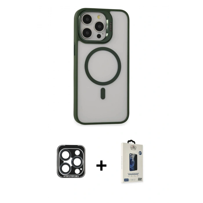 MARSİLYAN™- iPhone 15 Pro Max Kılıf Ahenk Klasik Özel Seri - Siyah Bilvis Hayalet Cam Ekran Koruyucu + PVD Metal Kamera Lens - LT