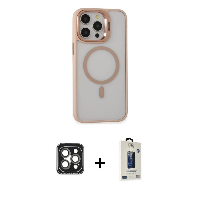 MARSİLYAN™- iPhone 15 Pro Max Kılıf Ahenk Klasik Özel Seri - Siyah Bilvis Hayalet Cam Ekran Koruyucu + PVD Metal Kamera Lens - GI