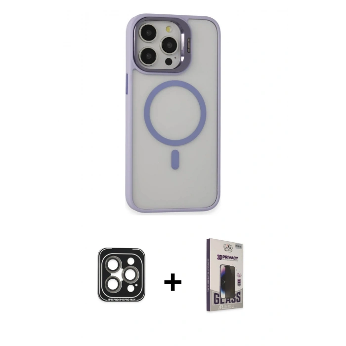 MARSİLYAN™- iPhone 15 Pro Max Kılıf Ahenk Klasik Özel Seri - Siyah Bilvis Hayalet Cam Ekran Koruyucu + PVD Metal Kamera Lens - GI