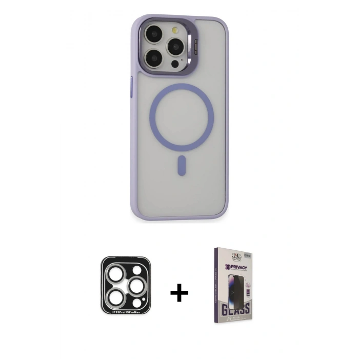 MARSİLYAN™- iPhone 15 Pro Max Kılıf Ahenk Klasik Özel Seri - Siyah Bilvis Hayalet Cam Ekran Koruyucu + PVD Metal Kamera Lens - GS