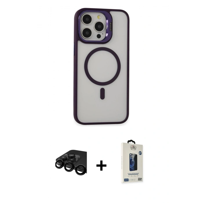 MARSİLYAN™- iPhone 15 Pro Max Kılıf Ahenk Klasik Özel Seri - Siyah Bilvis Hayalet Cam Ekran Koruyucu + Raze Metal Kamera Lens - SH