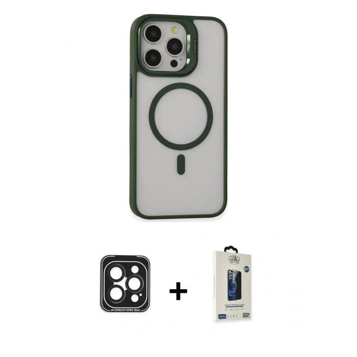 MARSİLYAN™- iPhone 15 Pro Max Kılıf Ahenk Klasik Özel Seri - Siyah Bilvis Hayalet Cam Ekran Koruyucu + PVD Metal Kamera Lens - SH