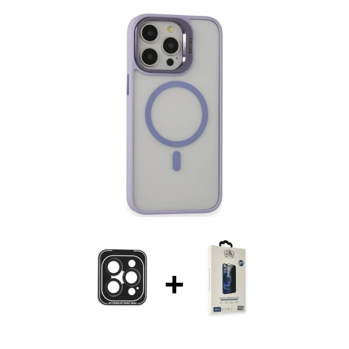 MARSİLYAN™- iPhone 15 Pro Max Kılıf Ahenk Klasik Özel Seri - Siyah Bilvis Hayalet Cam Ekran Koruyucu + PVD Metal Kamera Lens - SH