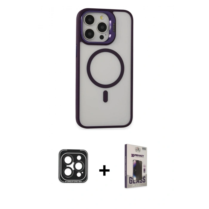 MARSİLYAN™- iPhone 15 Pro Max Kılıf Ahenk Klasik Özel Seri - Siyah Bilvis Hayalet Cam Ekran Koruyucu + PVD Metal Kamera Lens - SH