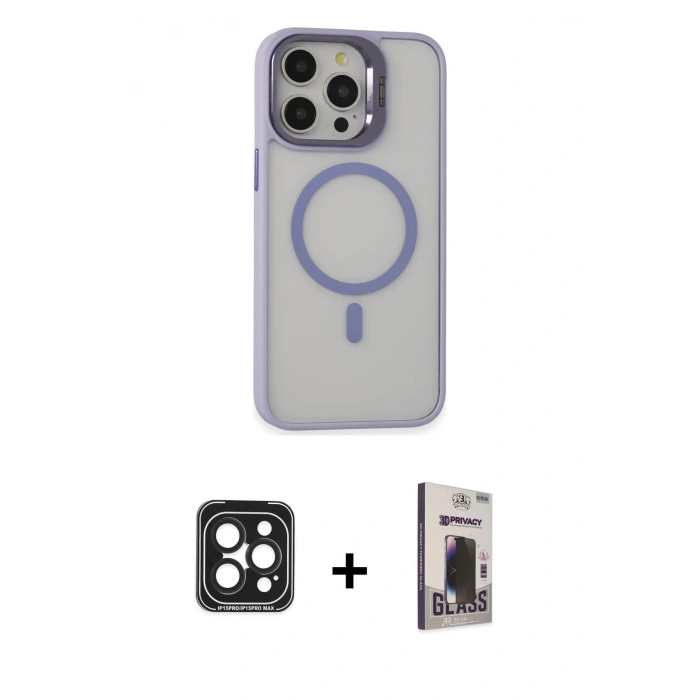 MARSİLYAN™- iPhone 15 Pro Max Kılıf Ahenk Klasik Özel Seri - Siyah Bilvis Hayalet Cam Ekran Koruyucu + PVD Metal Kamera Lens - SH
