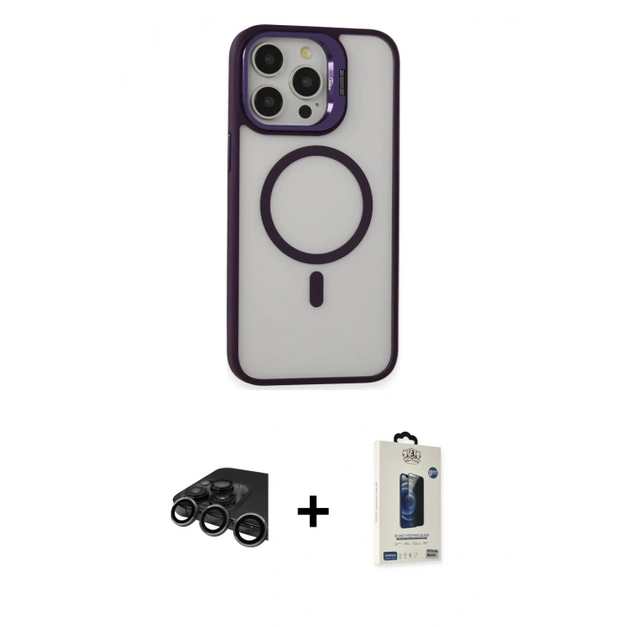MARSİLYAN™- iPhone 15 Pro Max Kılıf Ahenk Klasik Özel Seri - Siyah Bilvis Hayalet Cam Ekran Koruyucu + Raze Metal Kamera Lens - TMGI