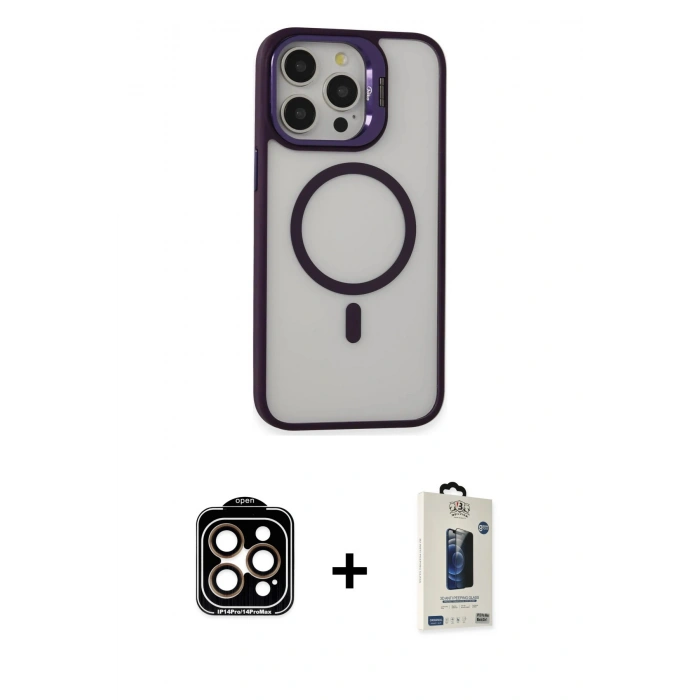 MARSİLYAN™- iPhone 15 Pro Max Kılıf Ahenk Klasik Özel Seri - Siyah Bilvis Hayalet Cam Ekran Koruyucu + PVD Metal Kamera Lens - TU