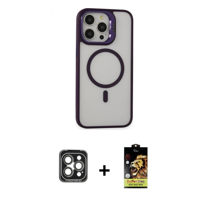 MARSİLYAN™- iPhone 15 Pro Max Kılıf Ahenk Klasik Özel Seri - Siyah Buffer Cam Ekran Koruyucu + PVD Metal Kamera Lens - GI