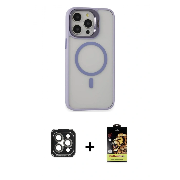 MARSİLYAN™- iPhone 15 Pro Max Kılıf Ahenk Klasik Özel Seri - Siyah Buffer Cam Ekran Koruyucu + PVD Metal Kamera Lens - GI