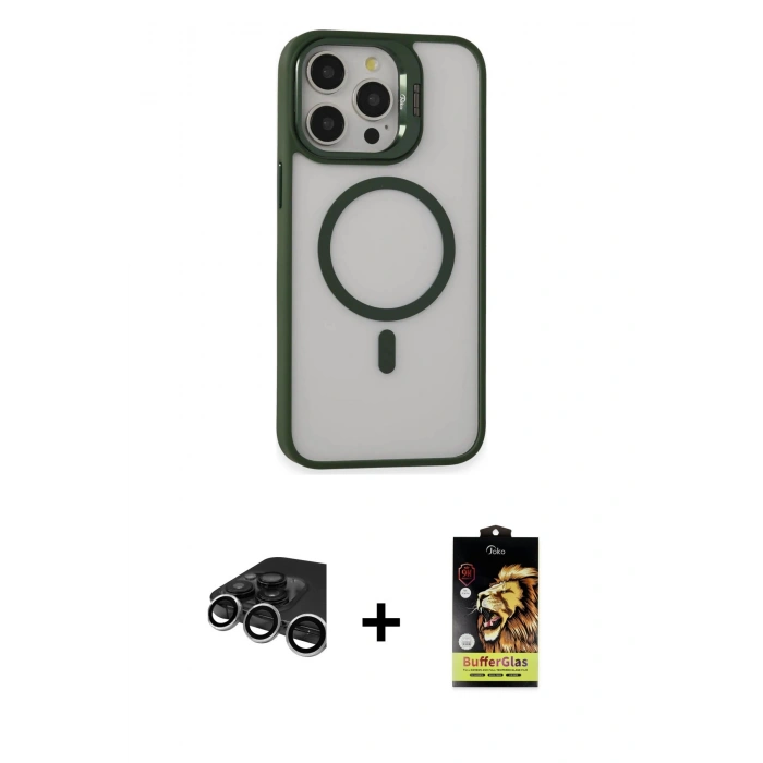 MARSİLYAN™- iPhone 15 Pro Max Kılıf Ahenk Klasik Özel Seri - Siyah Buffer Cam Ekran Koruyucu + Raze Metal Kamera Lens - GS